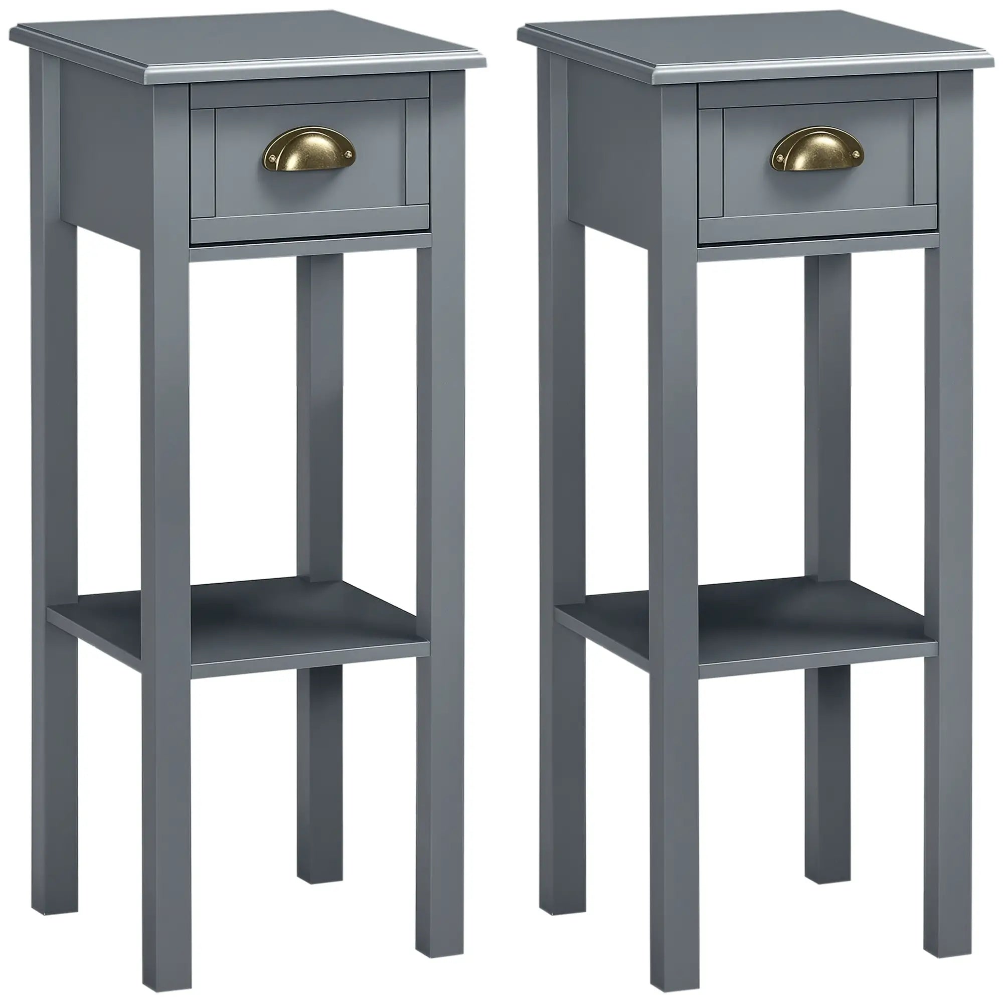 Narrow Side Table Set of 2, 2 Tier with Drawer, Shelf, Grey Side Tables Grey at Gallery Canada