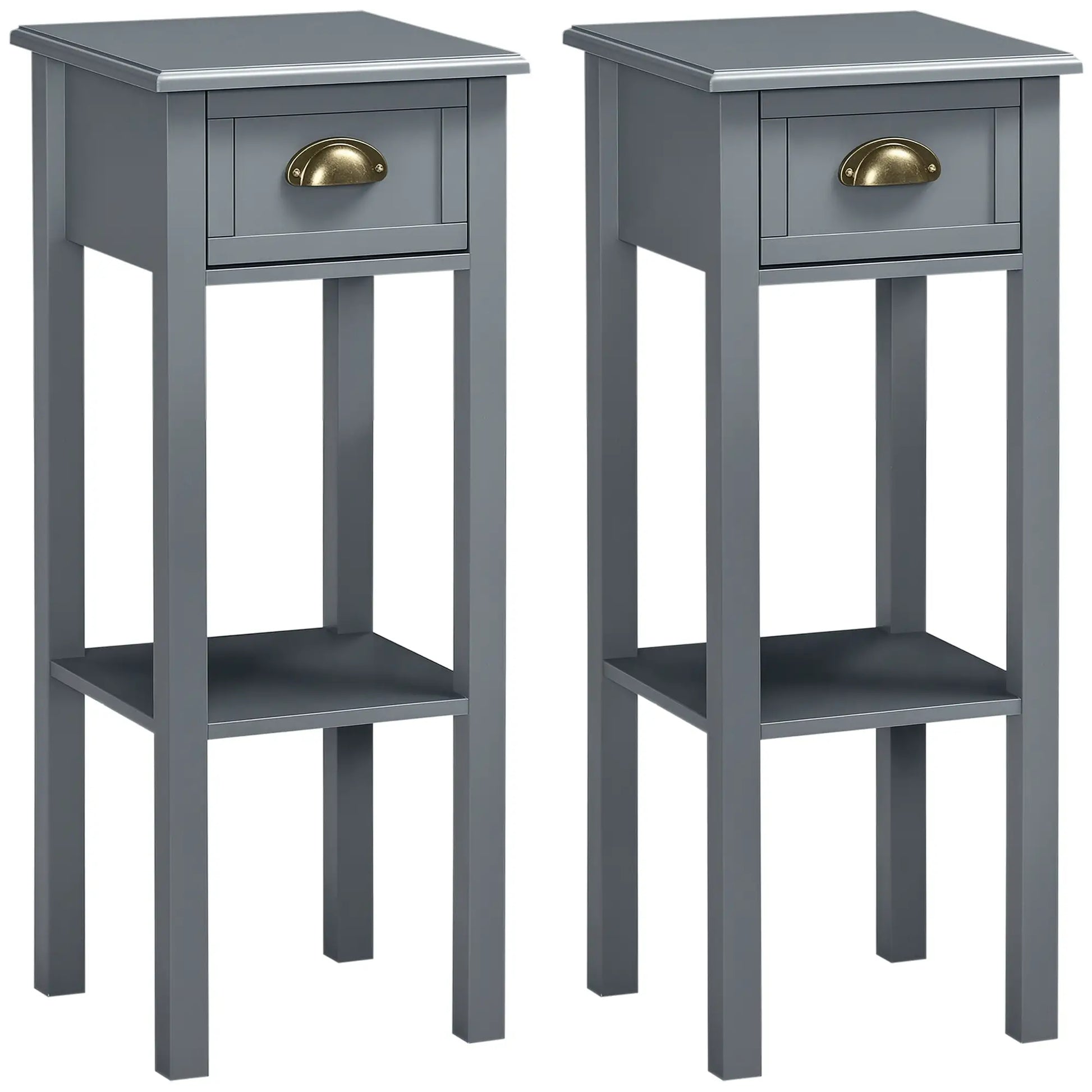 Narrow Side Table Set of 2, 2 Tier with Drawer, Shelf, Grey Side Tables Grey at Gallery Canada