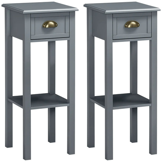 Narrow Side Table Set of 2, 2 Tier with Drawer, Shelf, Grey Side Tables Grey at Gallery Canada