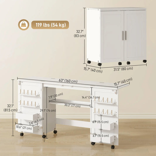 Folding Craft Table, Rolling Sewing Machine Table, Storage Shelf, White Sewing Cabinets White at Gallery Canada