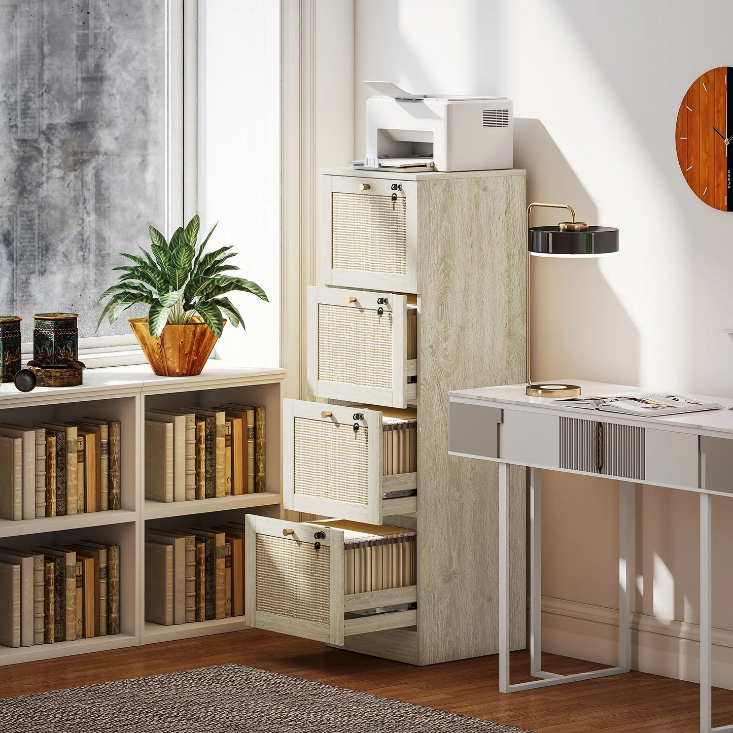 4 Drawer Filing Cabinet with Lock, Boho File Cabinet, A4 Letter Size, Oak Office Cabinets & Cupboards at Gallery Canada