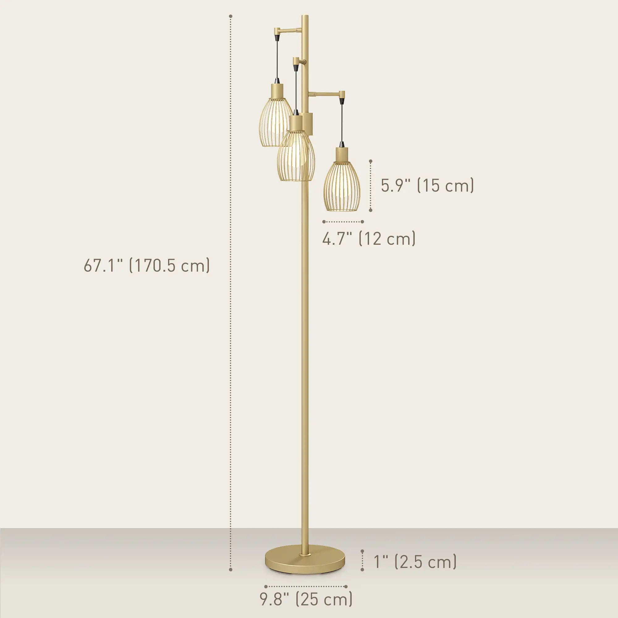 Industrial Floor Lamp, 3 Hanging Wire Lampshades, Dimmable, Gold Floor Lamps & Ceiling Fan Lights at Gallery Canada