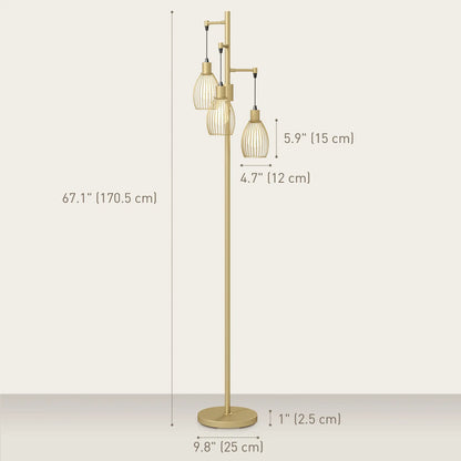 Industrial Floor Lamp, 3 Hanging Wire Lampshades, Dimmable, Gold Floor Lamps & Ceiling Fan Lights at Gallery Canada