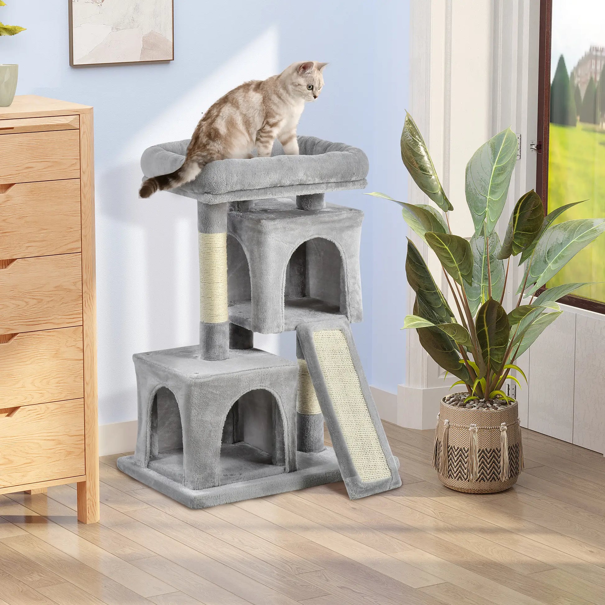 Plush Cat Tree Tower, Sisal Scratching Post, Perch Condo, Light Grey Cat Posts at Gallery Canada