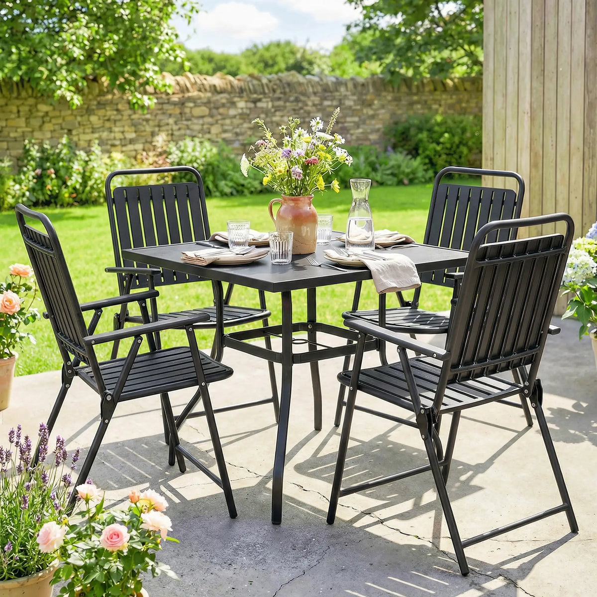 Folding Garden Chairs, Set Of 4, Steel Frame With Armrests, Black Patio Chairs at Gallery Canada