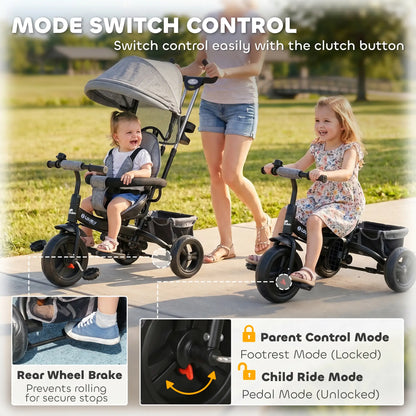 6 in 1 Toddler Tricycle Stroller, Basket, Canopy, 5-Point Harness, 12-60 Months, Grey Tricycles for Kids at Gallery Canada