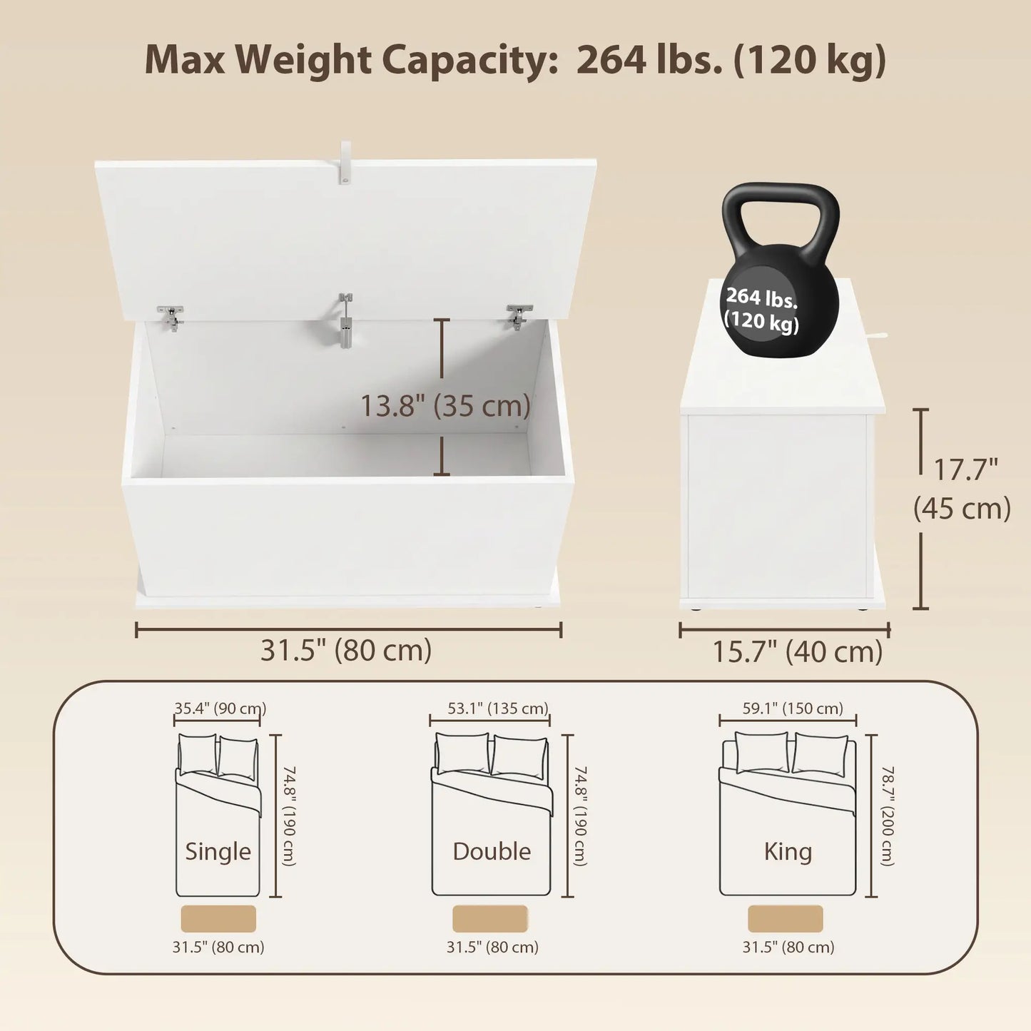 Coffre de rangement avec dessus relevable "31.5", blanc