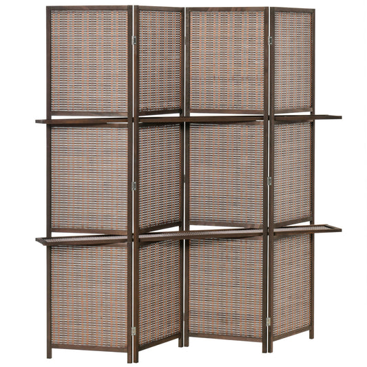 4 Panel Room Divider, 6ft Tall Bamboo Folding Screen with 2 Storage Shelves for Bedroom, Office, Brown - Gallery Canada