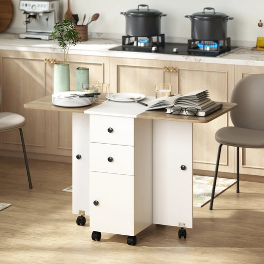 Mobile Drop Leaf Dining Table On Wheels, White And Oak, White