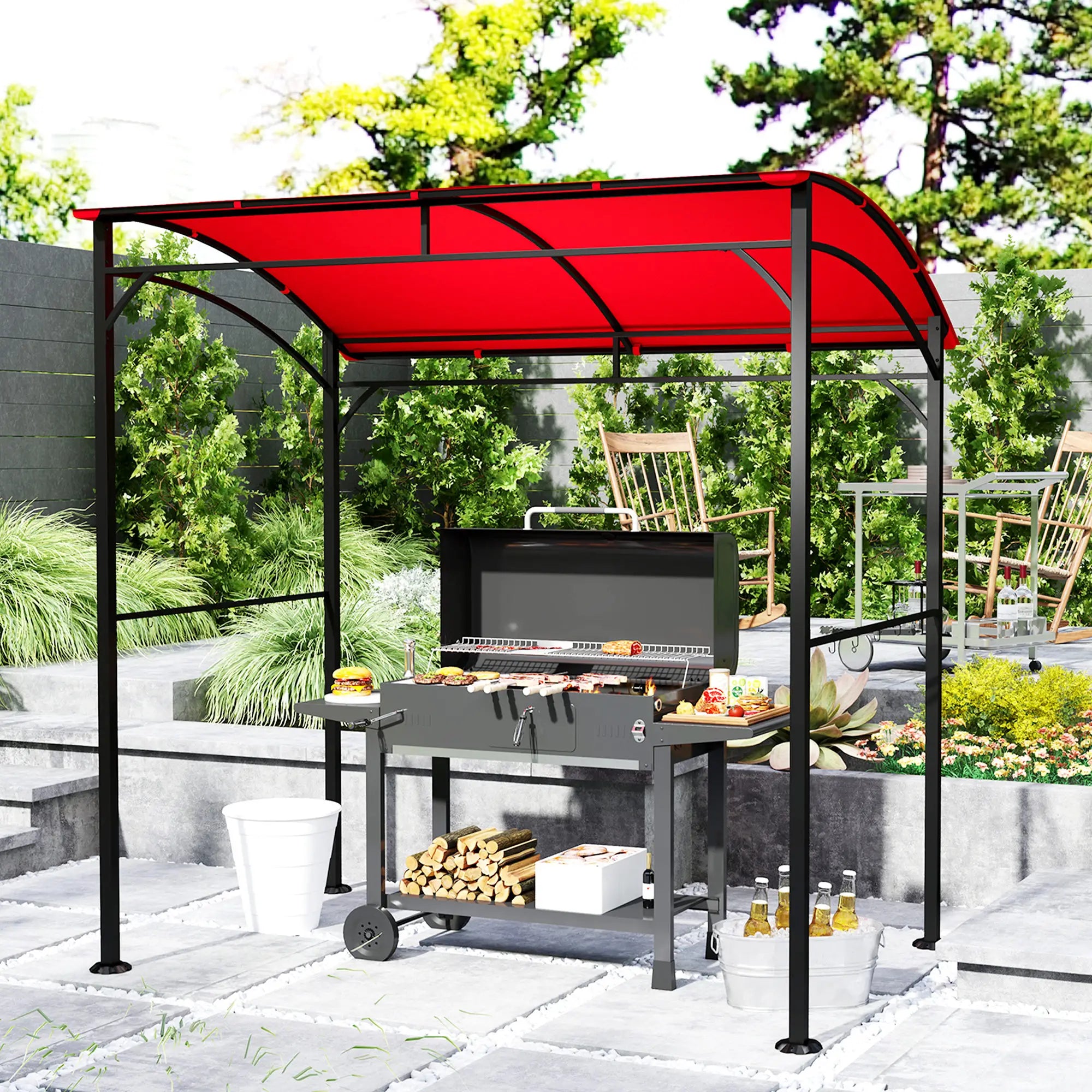7' x 5' Garden Grill Canopy, BBQ Gazebo Tent, Steel Frame, Wine Red BBQ Grill Gazebos at Gallery Canada