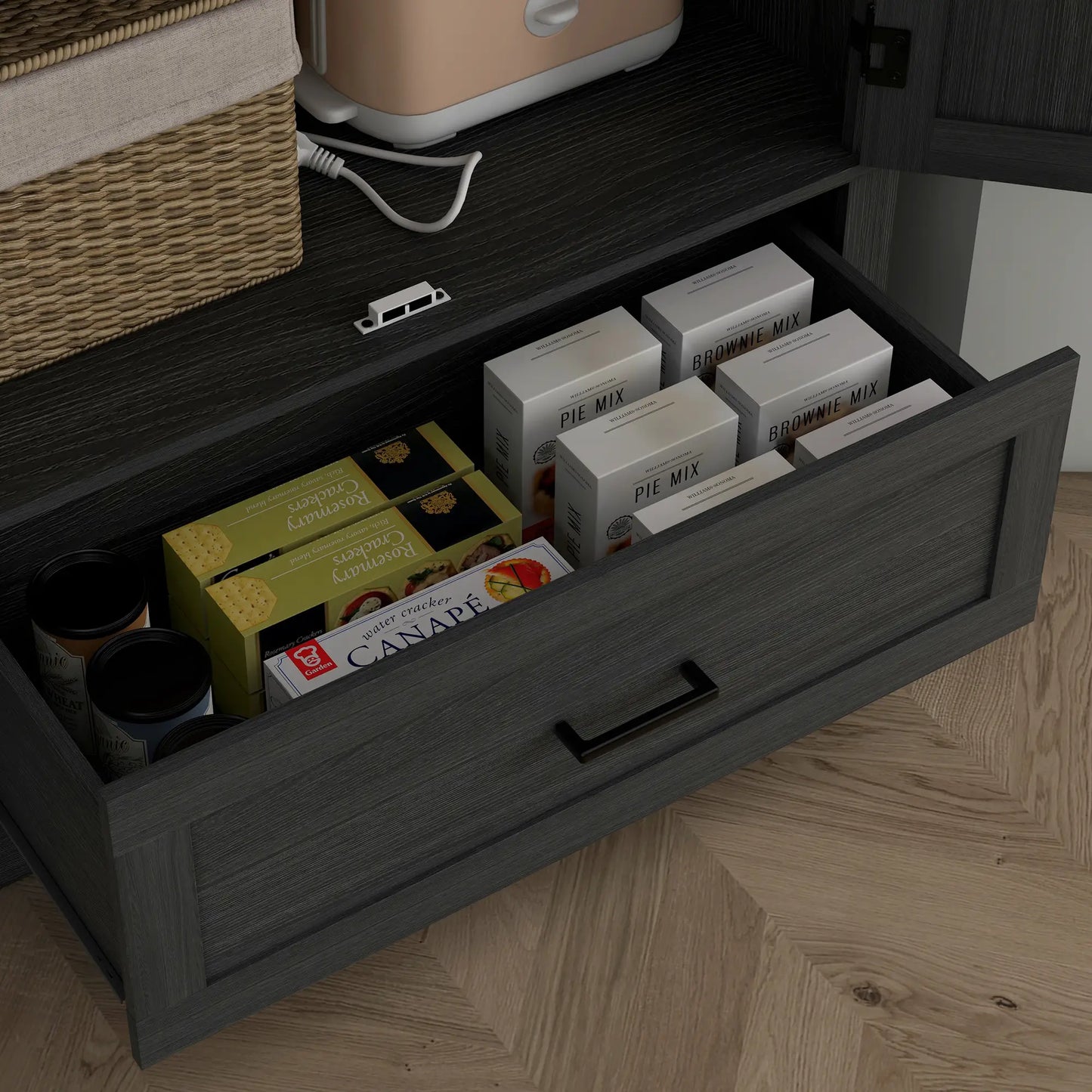 69" Tall Farmhouse Pantry Cabinet, 2 Doors, Drawer, Adjustable Shelves, Black Wood Grain, Black Kitchen Pantry Cabinets at Gallery Canada