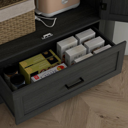 69" Tall Farmhouse Pantry Cabinet, 2 Doors, Drawer, Adjustable Shelves, Black Wood Grain, Black Kitchen Pantry Cabinets at Gallery Canada