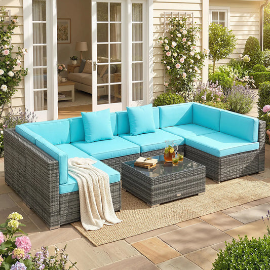 7 Piece Patio Furniture Set, PE Rattan Outdoor Conversation Set with Sectional Sofa Patio Furniture Sets Grey Rattan, Blue Fabric at Gallery Canada