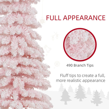 7ft Snow-Flocked Slim Pencil Christmas Tree, 490 Branches, Metal Base, Pink Flocked Christmas Trees at Gallery Canada