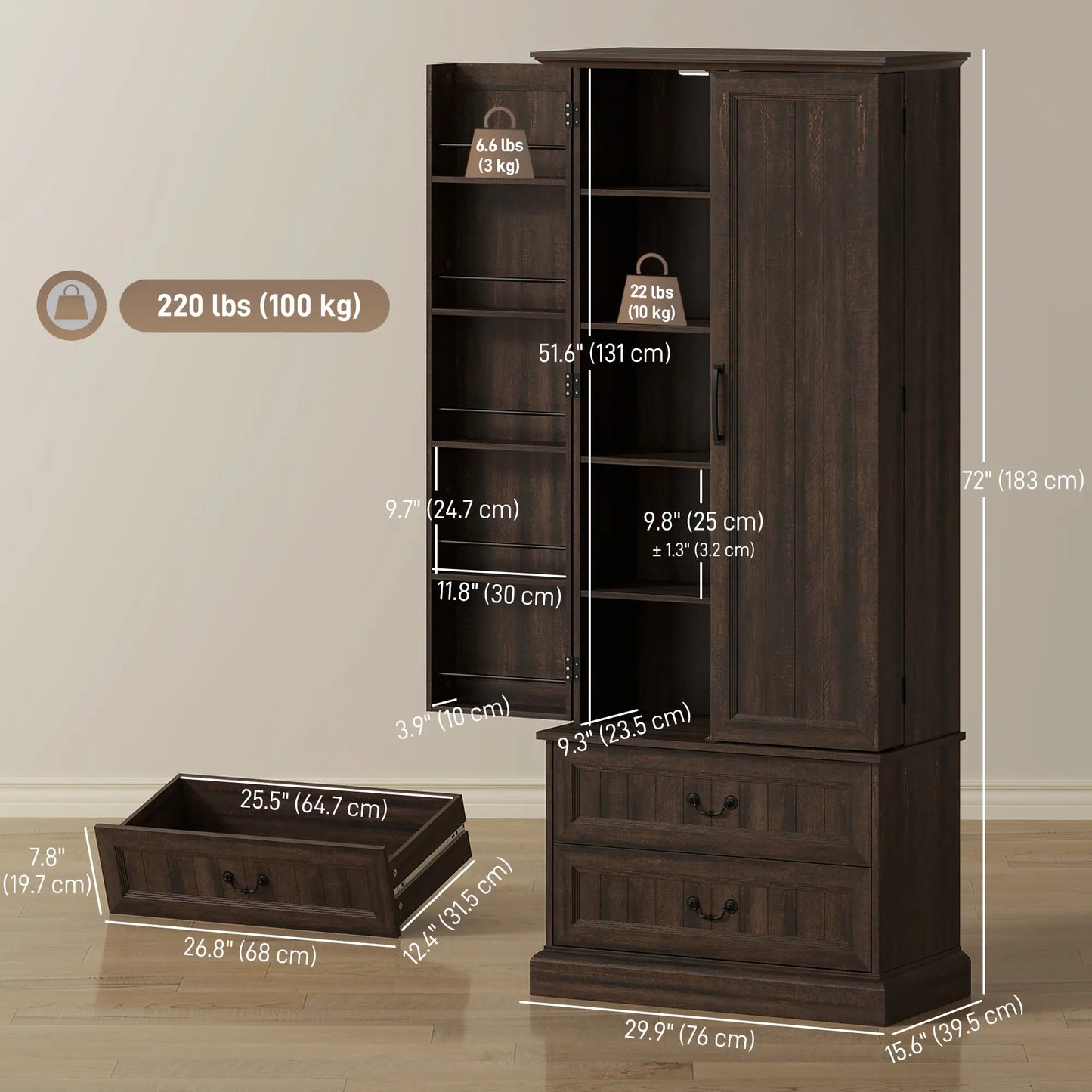 72" Kitchen Pantry Cabinet, 10 Shelves, 2 Drawers, Brown Kitchen Pantry Cabinets at Gallery Canada