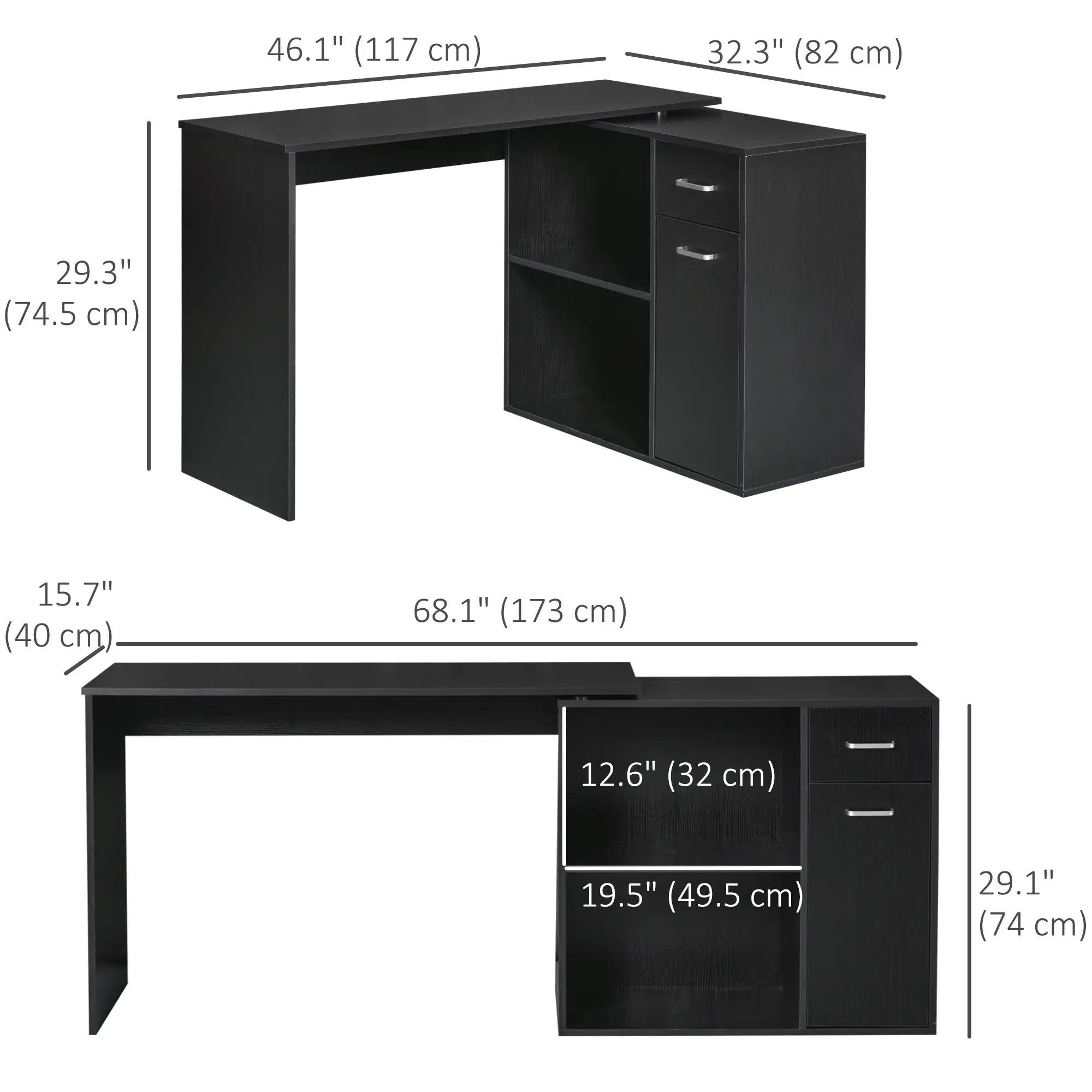 180° Rotating Corner Desk, Storage Shelf Cabinet, Black Writing Desks at Gallery Canada