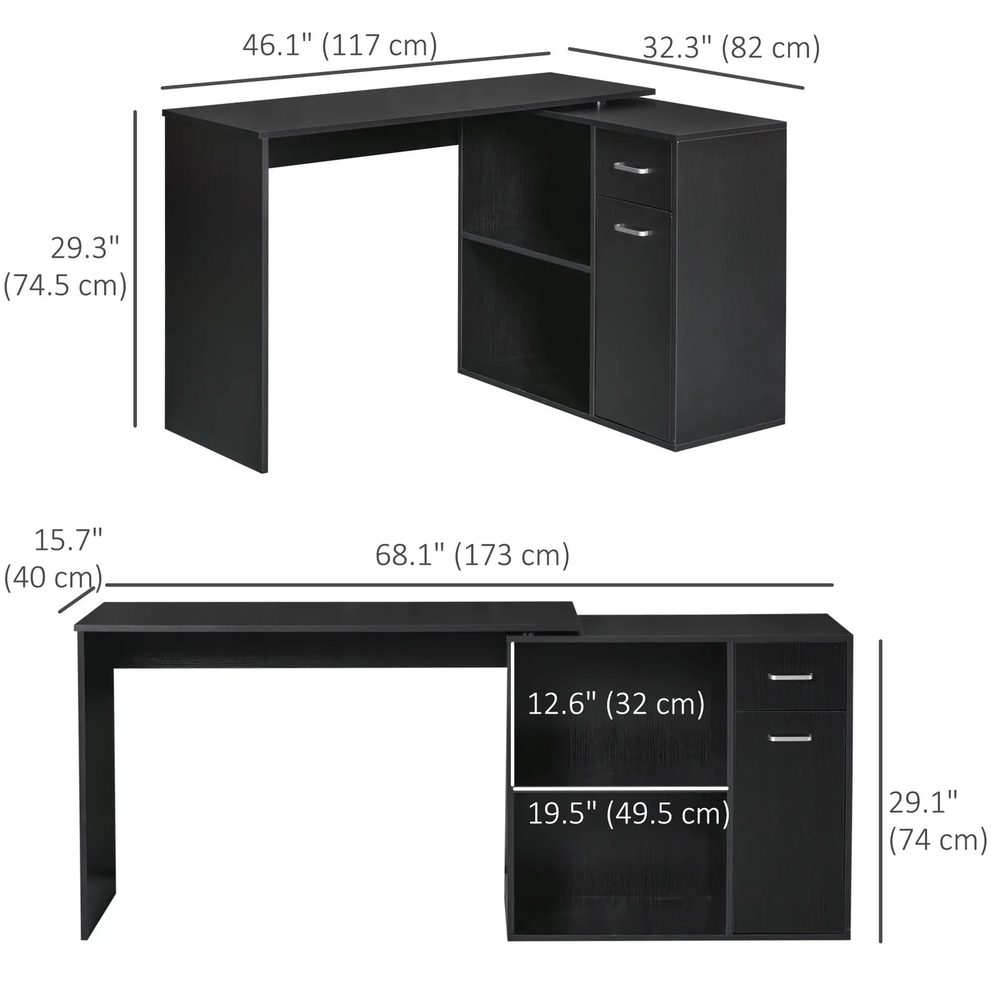 180° Rotating Corner Desk, Storage Shelf Cabinet, Black Writing Desks at Gallery Canada