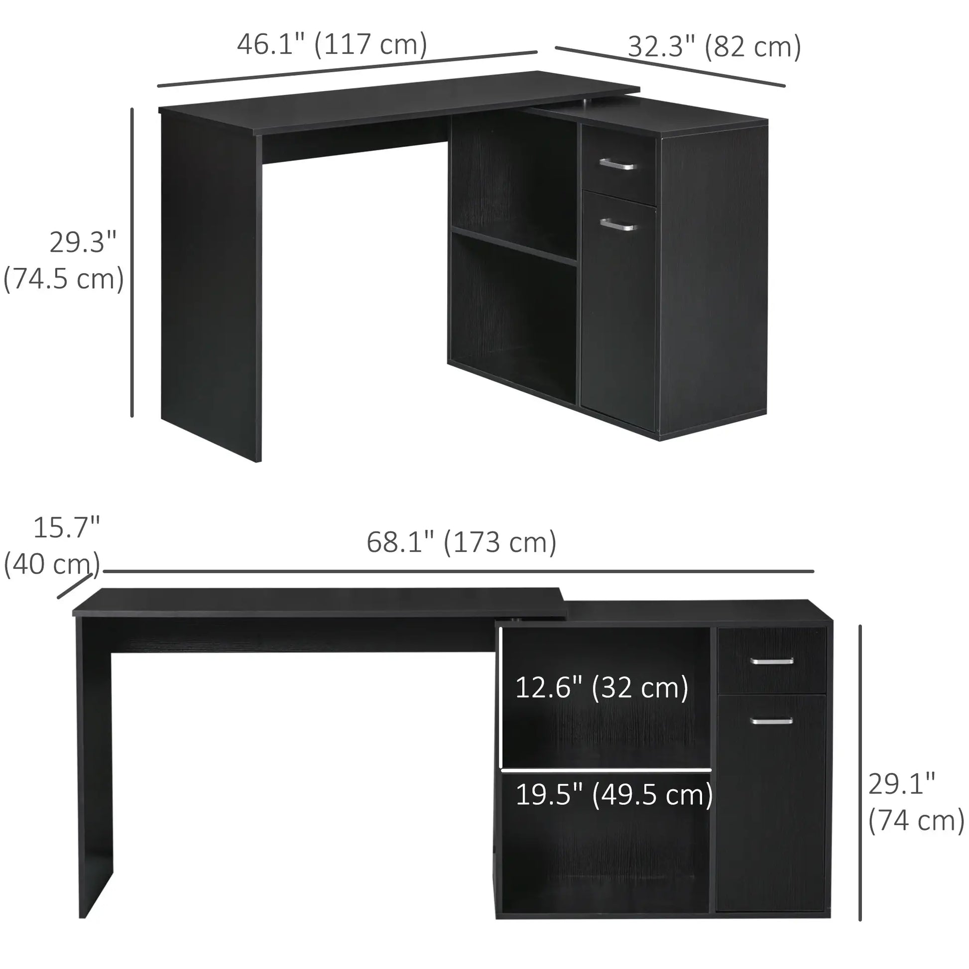 180° Rotating Corner Desk, Storage Shelf Cabinet, Black Writing Desks at Gallery Canada