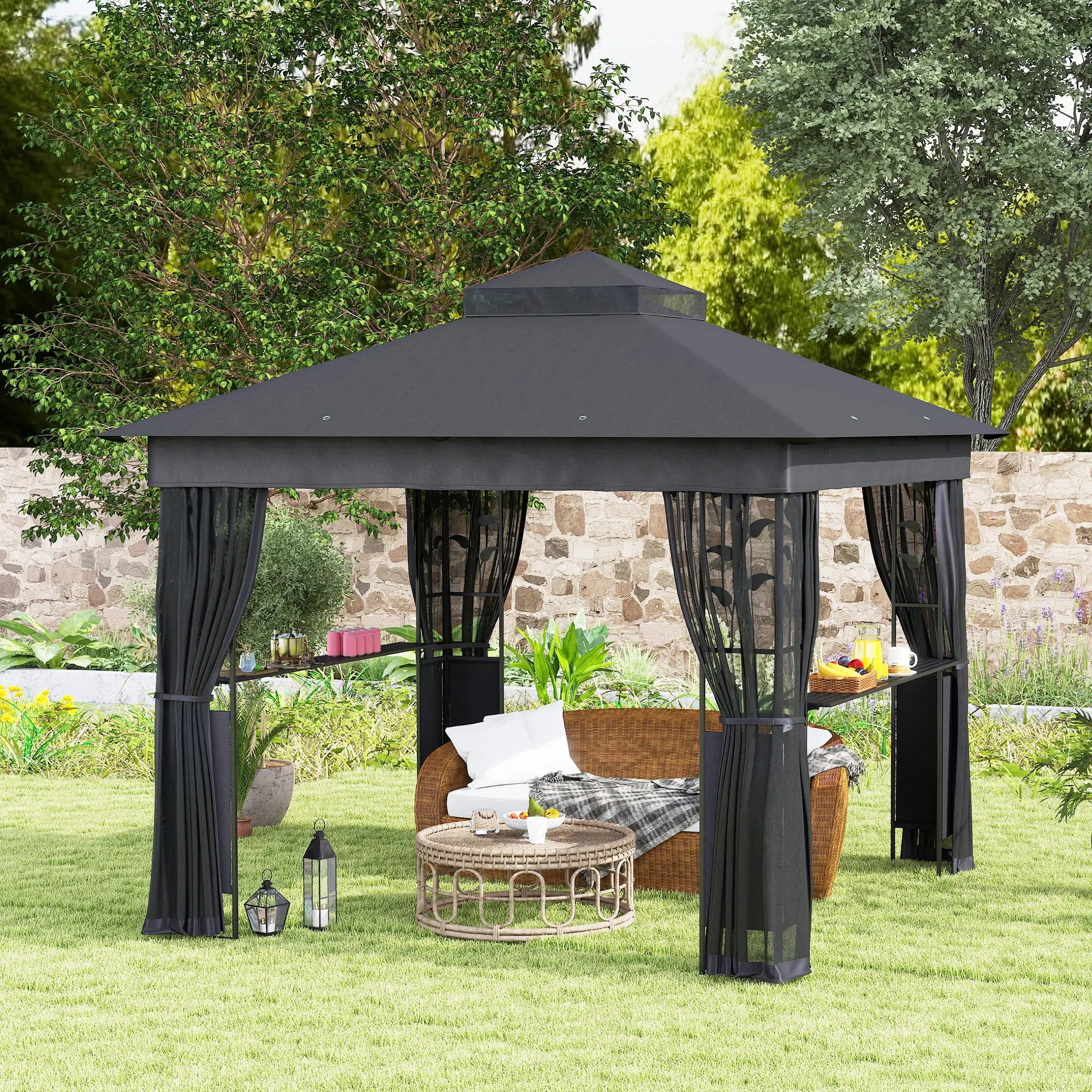 10' x 10' Outdoor Gazebo, UV30+ Double Roof, with Shelves and Netting Gazebos at Gallery Canada