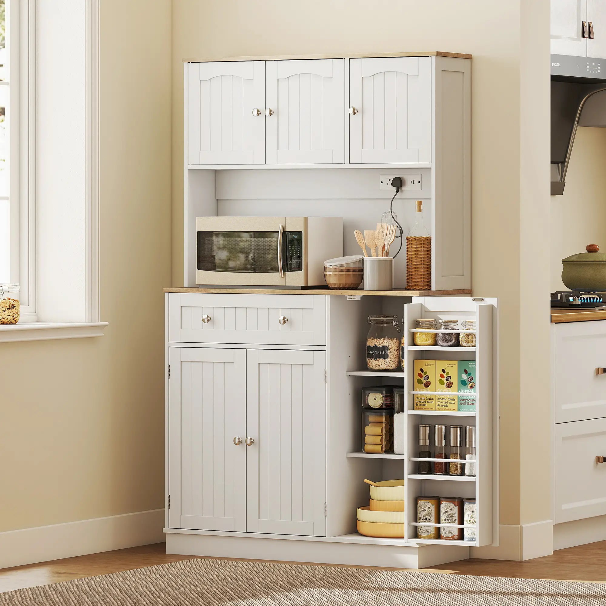 68 Inch Pantry Cabinet with Charging Station, Microwave Stand, 4 Door Racks, White Kitchen Pantry Cabinets at Gallery Canada