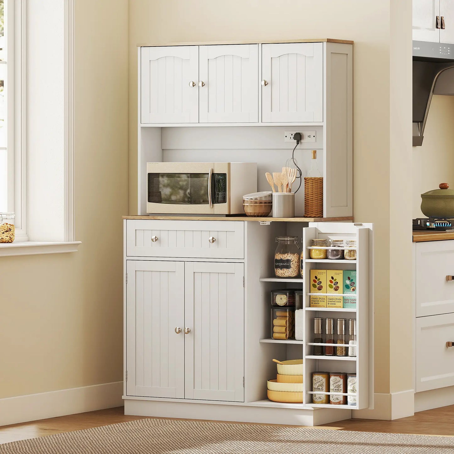 68 Inch Pantry Cabinet with Charging Station, Microwave Stand, 4 Door Racks, White Kitchen Pantry Cabinets at Gallery Canada