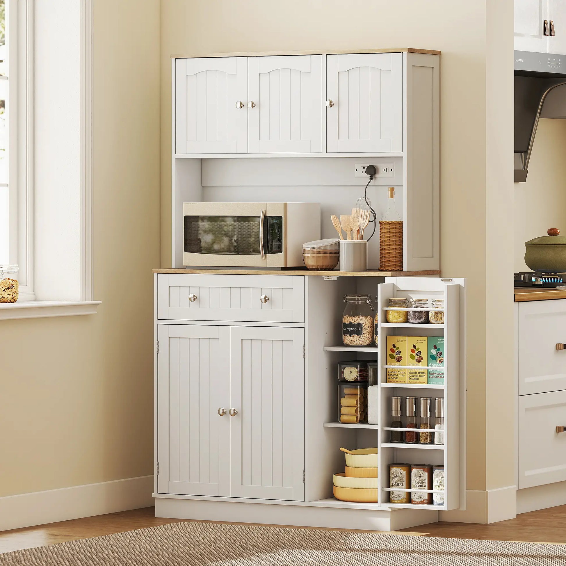 68 Inch Pantry Cabinet with Charging Station, Microwave Stand, 4 Door Racks, White Kitchen Pantry Cabinets at Gallery Canada