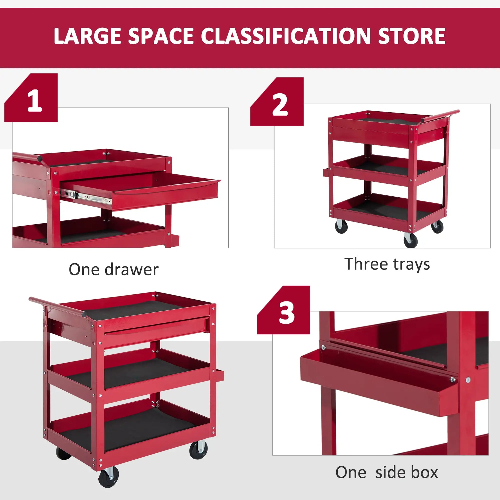 3-Tier Rolling Tool Cart, Drawer and Side Box, 132 LBS Capacity, Red Tool Organizers at Gallery Canada