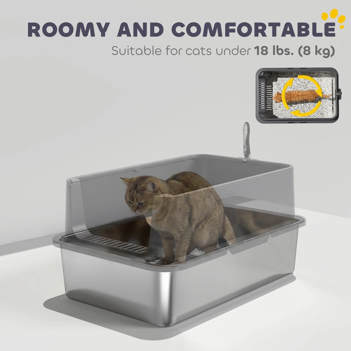 XL Stainless Steel Cat Litter Box, High Wall, Odor Free, Steel