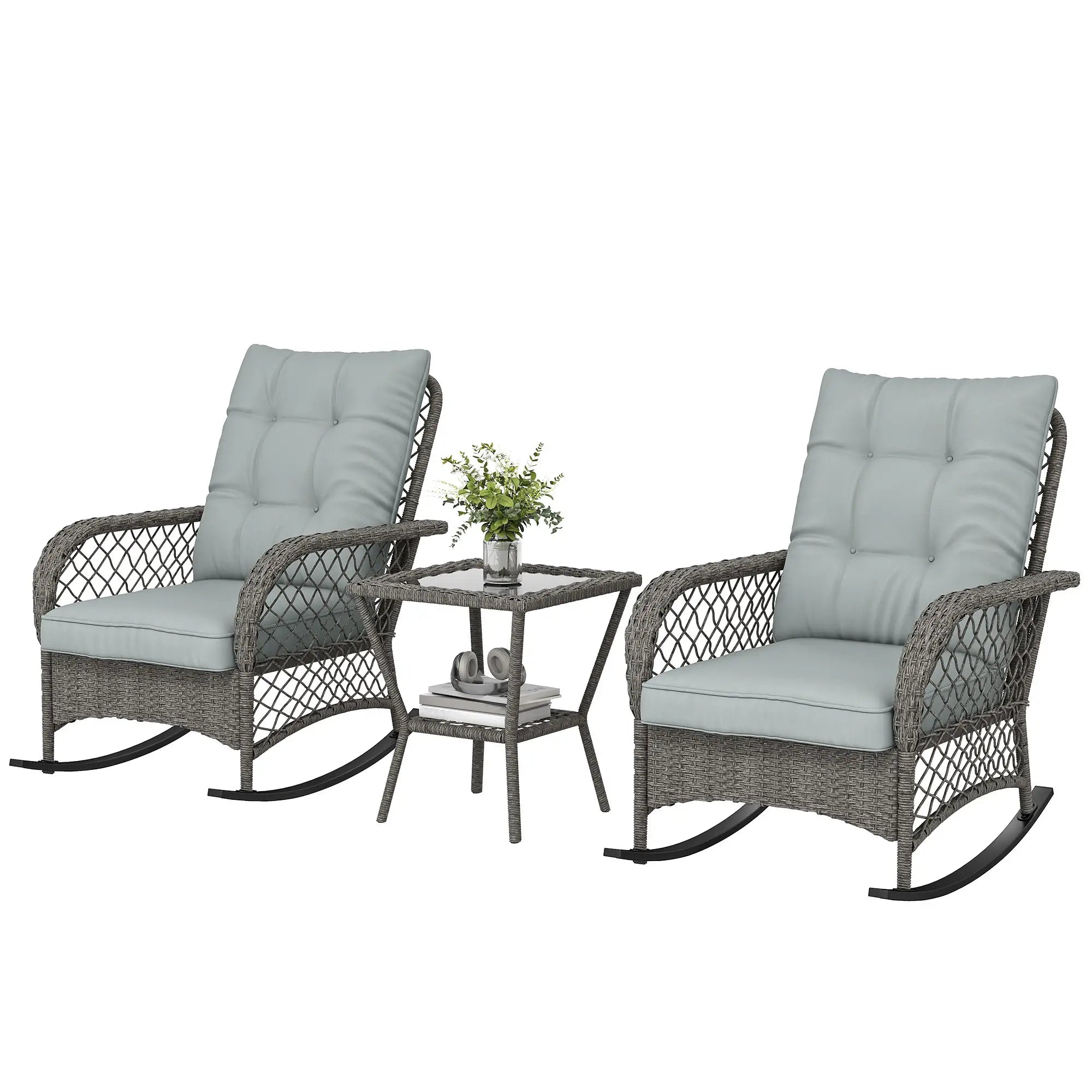 3 Piece Wicker Patio Furniture, Rocking Bistro Set, High Back Rocking Chairs, 2-Tier Glass Table, Light Grey Bistro Sets Light Grey, Dark Grey at Gallery Canada