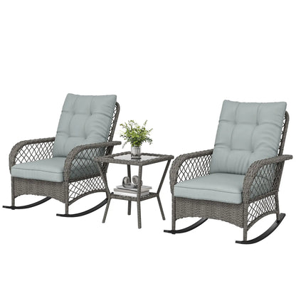 3 Piece Wicker Patio Furniture, Rocking Bistro Set, High Back Rocking Chairs, 2-Tier Glass Table, Light Grey Bistro Sets Light Grey, Dark Grey at Gallery Canada