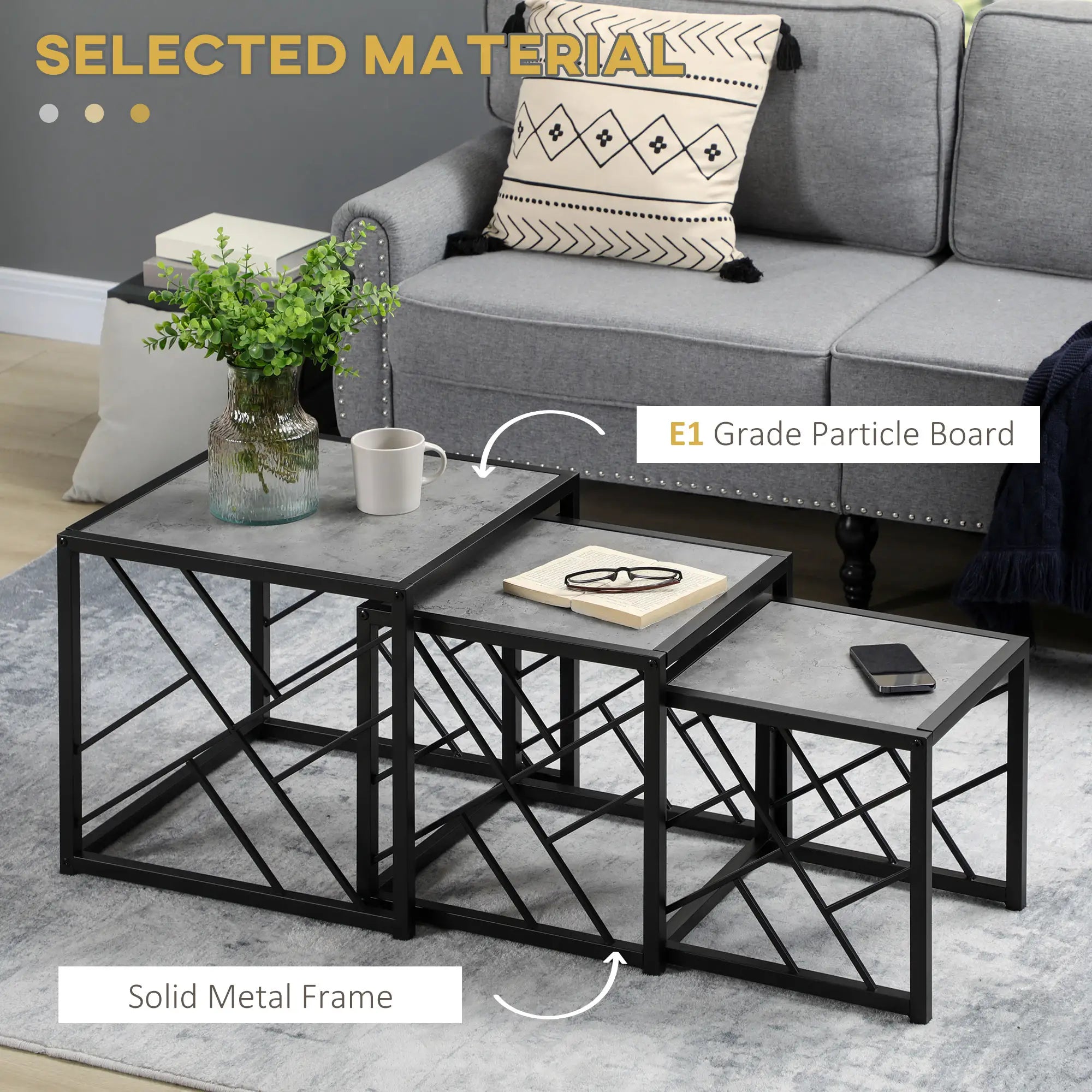 Square Nest of Tables Set of 3, Metal Frame, for Living Room, Grey Coffee Tables at Gallery Canada