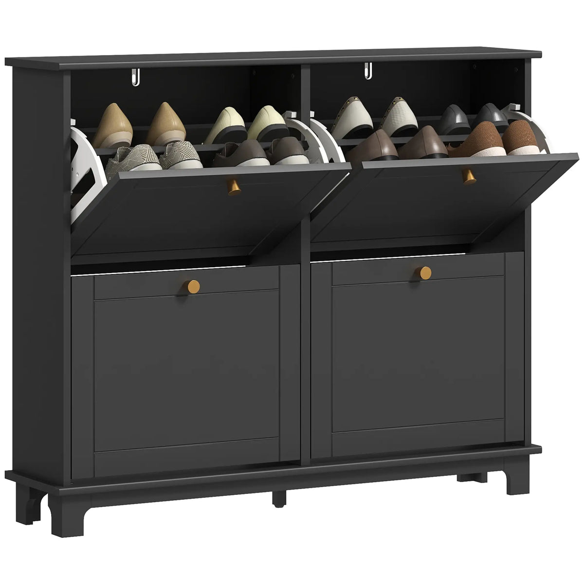 Modern Shoe Storage Cabinet, 4 Flip Drawers, Adjustable Shelves, 5 Legs, Black