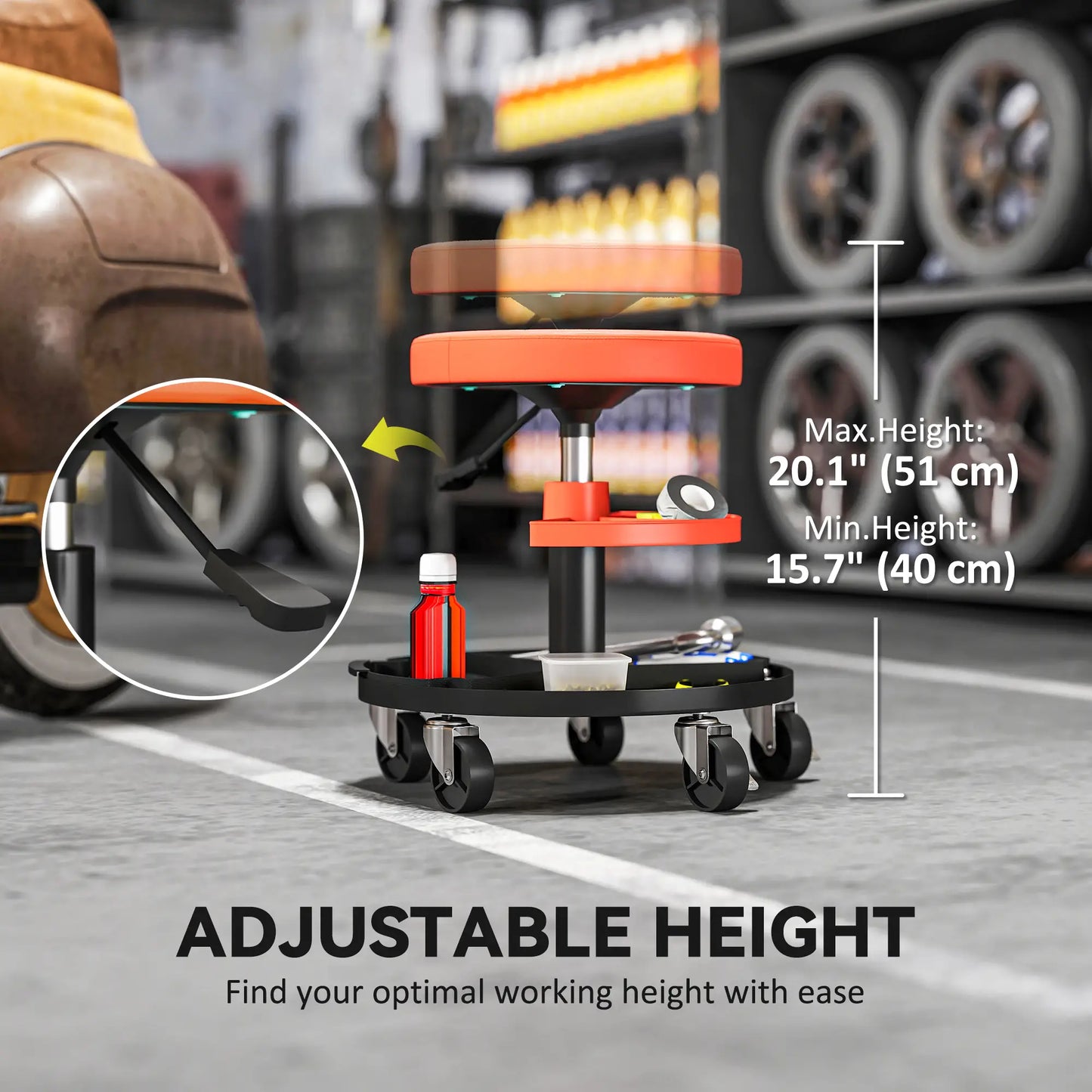 Rolling Garage Stool, 300 Lbs Capacity, Adjustable Height, Orange Automotive at Gallery Canada