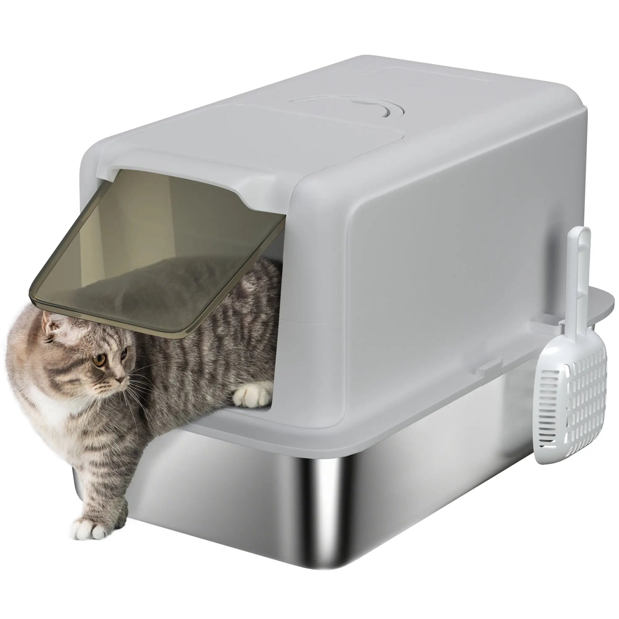 Stainless Steel Cat Litter Box, Removable Lid & Scoop, Grey Cat Litter Box Enclosures at Gallery Canada