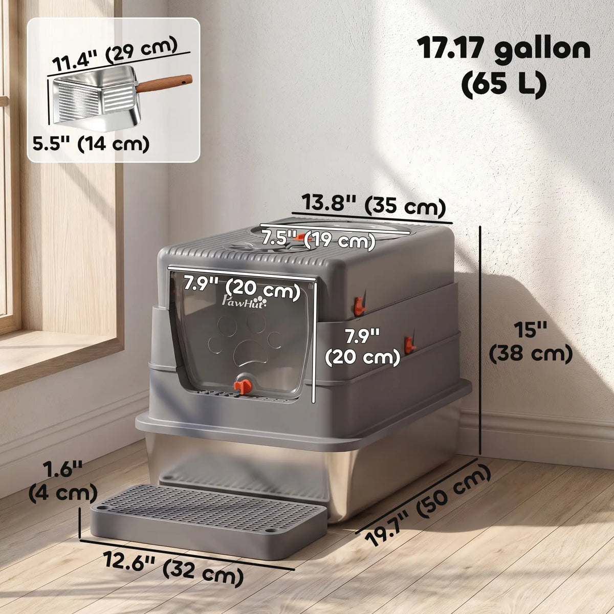 Enclosed Stainless Steel Cat Litter Box with Lid, Grey Cat Litter Box Enclosures at Gallery Canada
