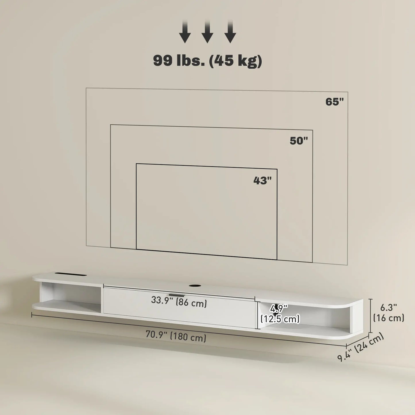 Support TV flottant de 71 pouces, console multimédia murale, blanc