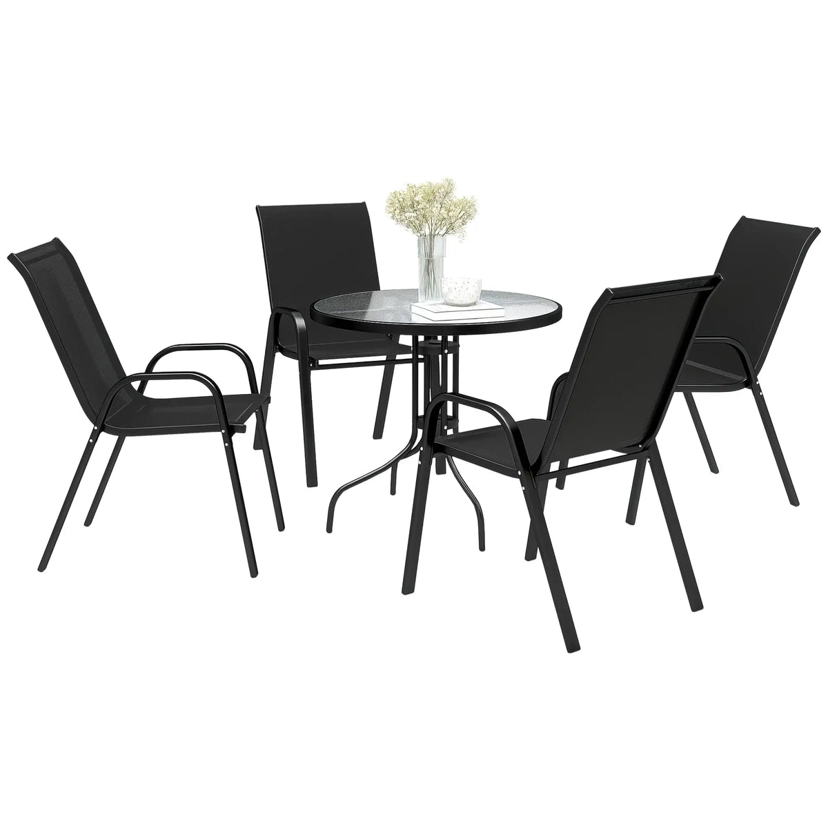 Five-Piece Steel Patio Set, Glass-Top Table, Black
