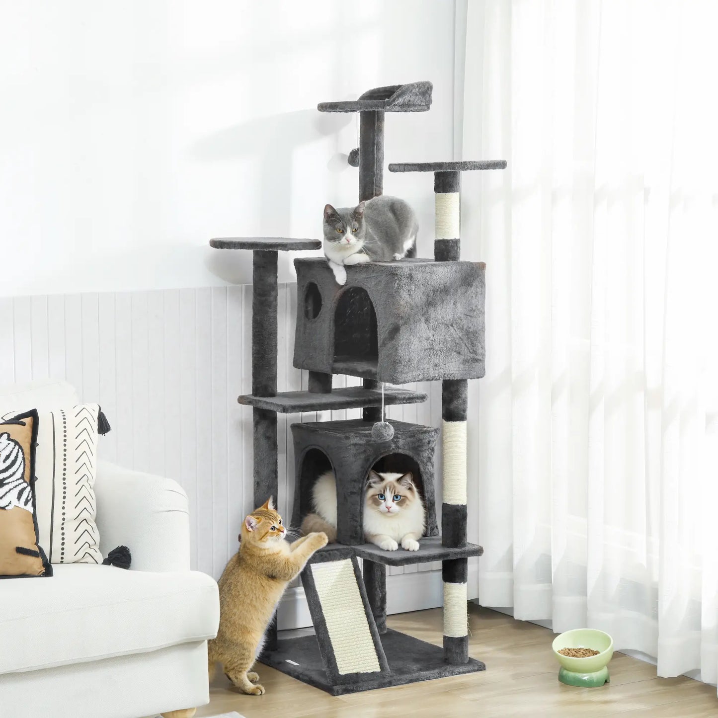 63" Cat Tree, Multi-Level Cat Tower, Scratching Posts, Dark Grey