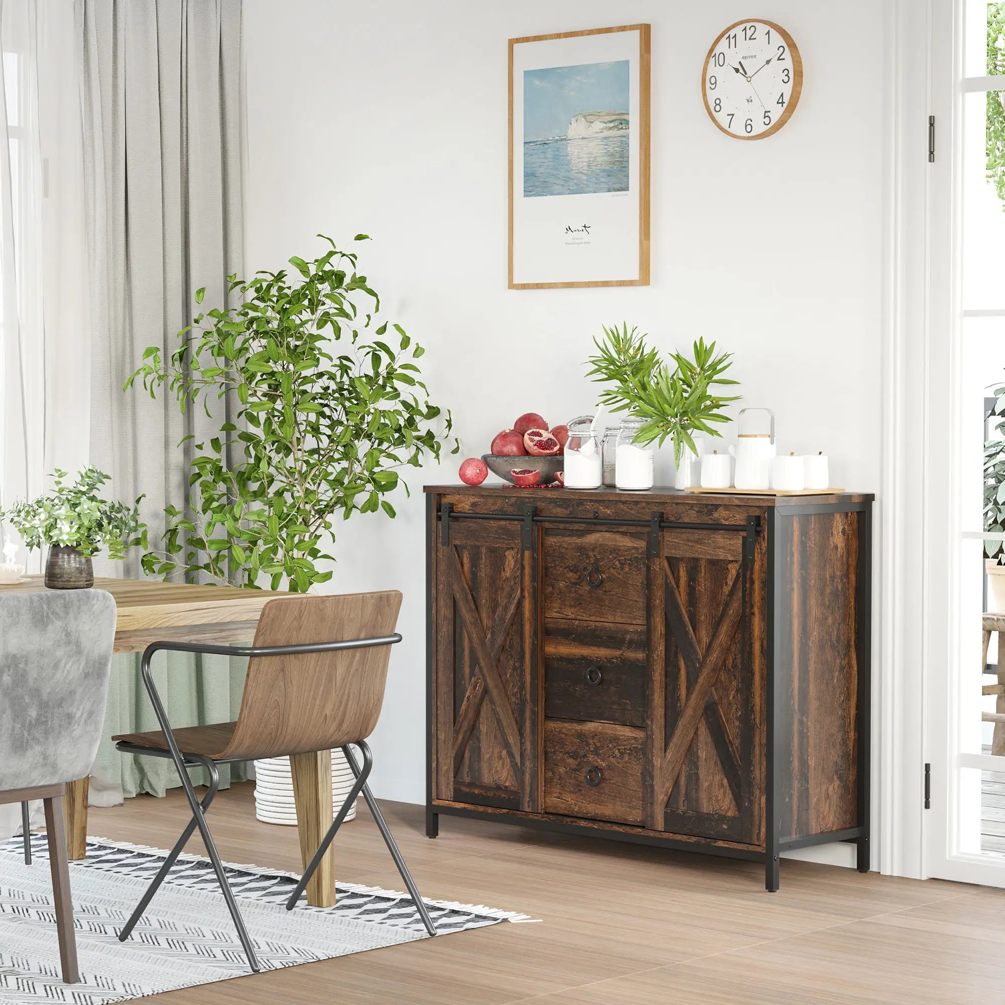 Industrial Buffet Cabinet, Kitchen Sideboard, Sliding Barn Doors, 3 Drawers, Adjustable Shelves, Rustic Brown, Brown Bar Cabinets at Gallery Canada