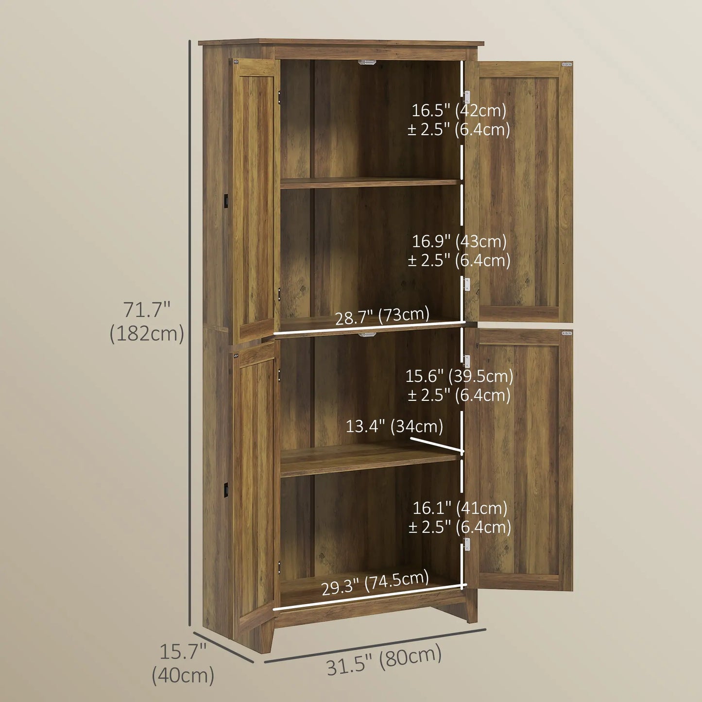 72" Freestanding Storage Cabinet, Kitchen Pantry with Doors, Shelves, Brown Kitchen Pantry Cabinets at Gallery Canada