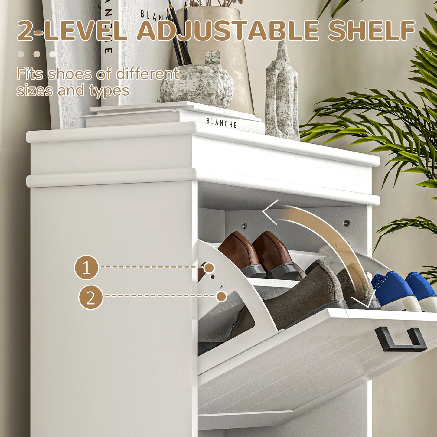 Shoe Storage Cabinet, 2 Flip Drawers, Adjustable Shelves, 10 Pairs, White Shoe Storage Cabinets & Racks at Gallery Canada