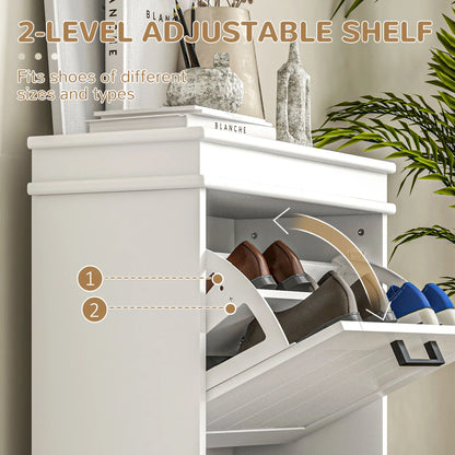 Shoe Storage Cabinet, 2 Flip Drawers, Adjustable Shelves, 10 Pairs, White Shoe Storage Cabinets & Racks at Gallery Canada