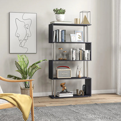 5-Tier Geometric Wooden Bookcase, S-Shaped Storage, Black Display Bookshelves at Gallery Canada
