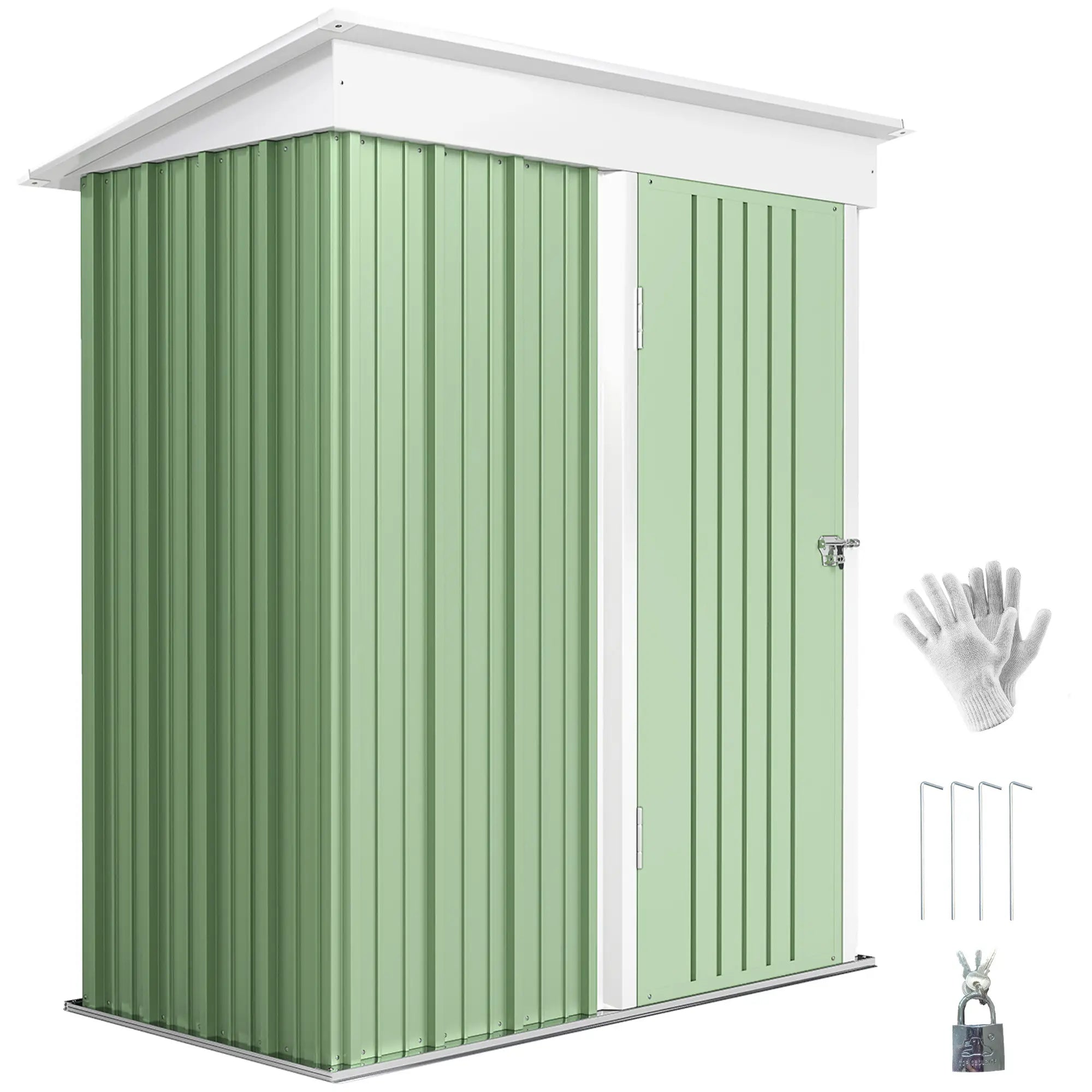 Small Steel Garden Shed, Adjustable Shelf, Lock, Gloves, 5'x3'x6', Green Sheds Green, White at Gallery Canada