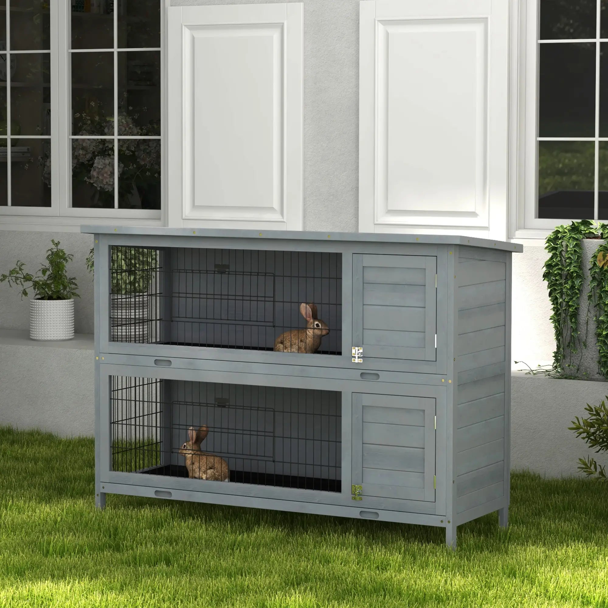 2 Tier Wooden Rabbit Hutch, Bunny Pet House, Grey Rabbit Hutch at Gallery Canada