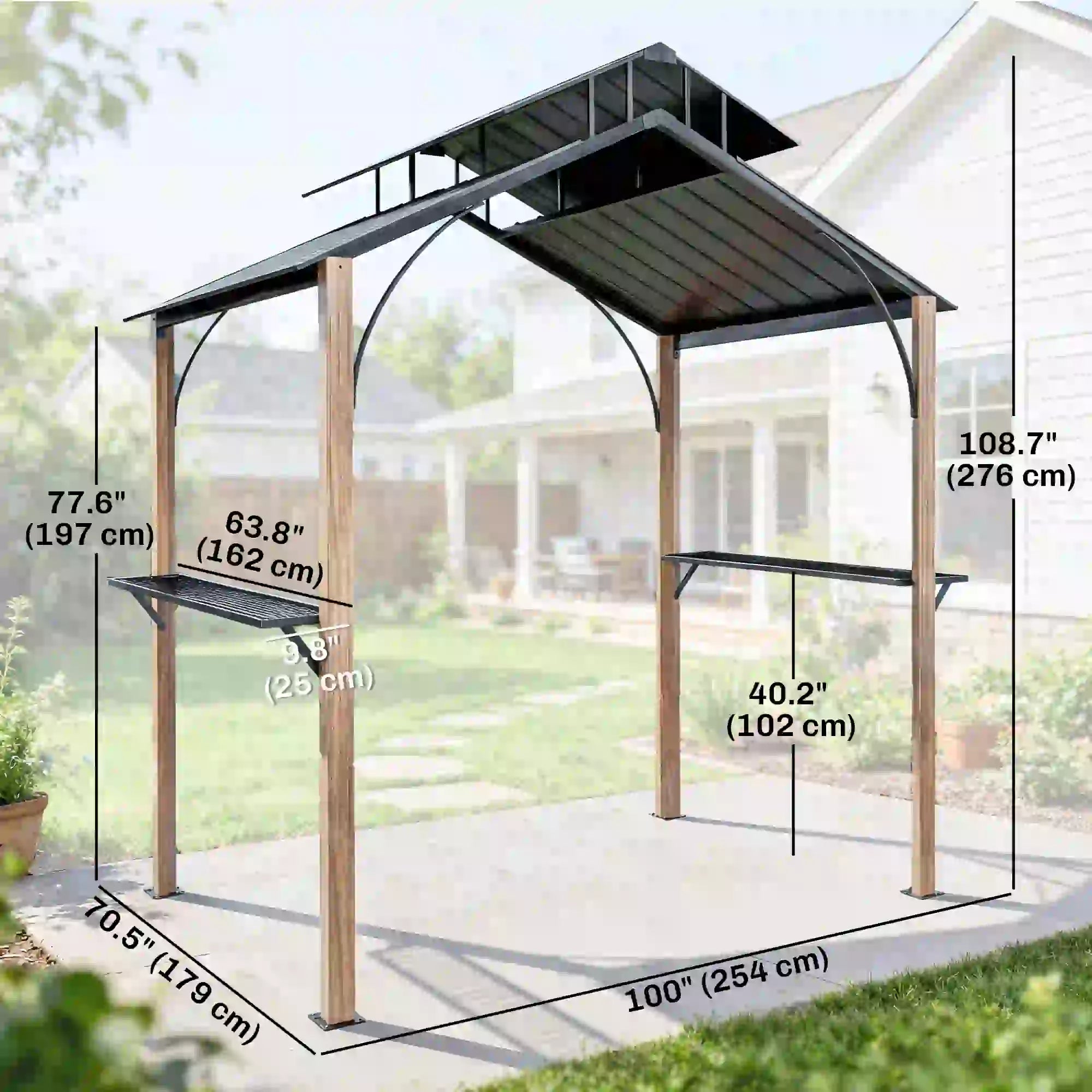 8 x 6ft Hardtop Grill Gazebo, Metal Double Roof, Wood-Grain Aluminum Frame BBQ Grill Gazebos at Gallery Canada