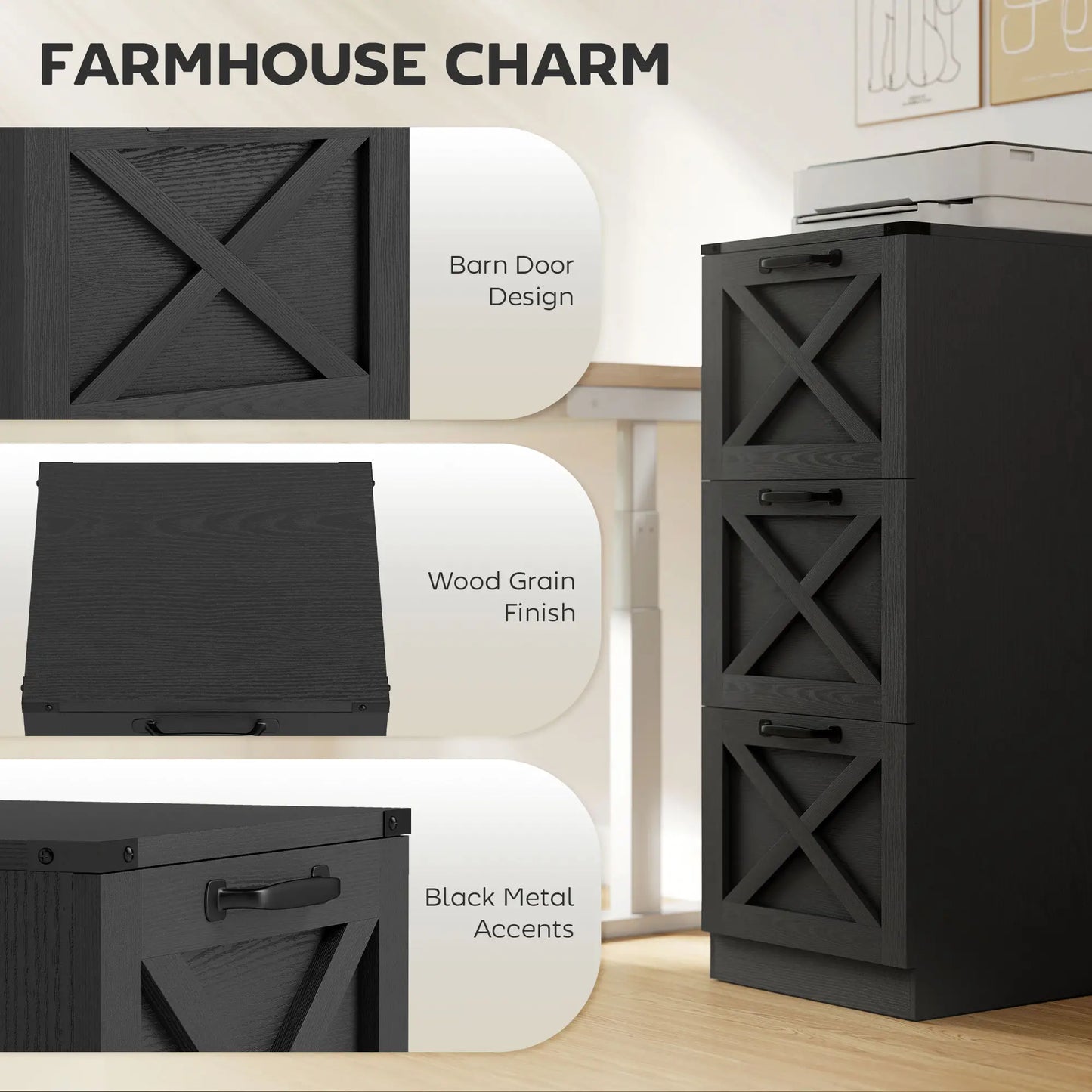 3 Drawer File Cabinet, Vertical Farmhouse, Letter/A4 Size, Black