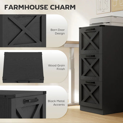 3 Drawer File Cabinet, Vertical Farmhouse, Letter/A4 Size, Black