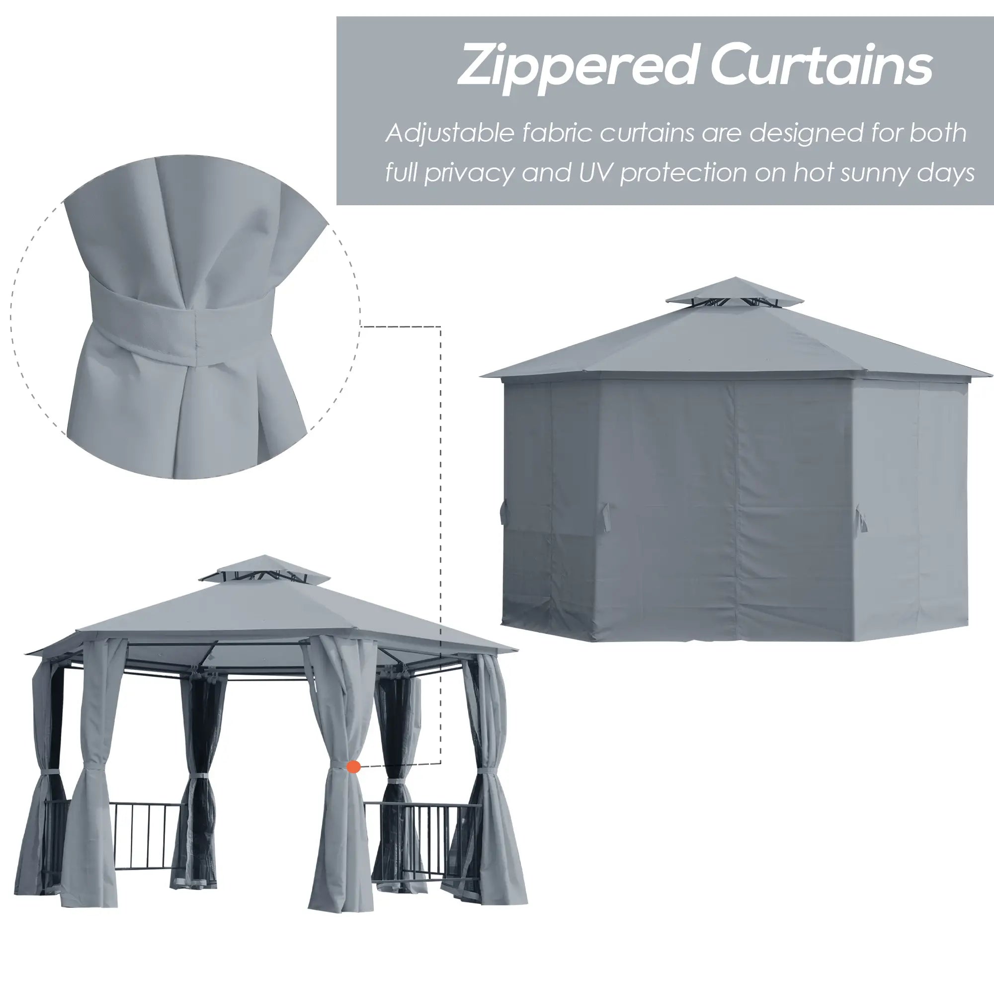 13ft Hexagon Gazebo, Outdoor Canopy Shelter, Netting, Shaded Curtains, Grey Gazebos at Gallery Canada