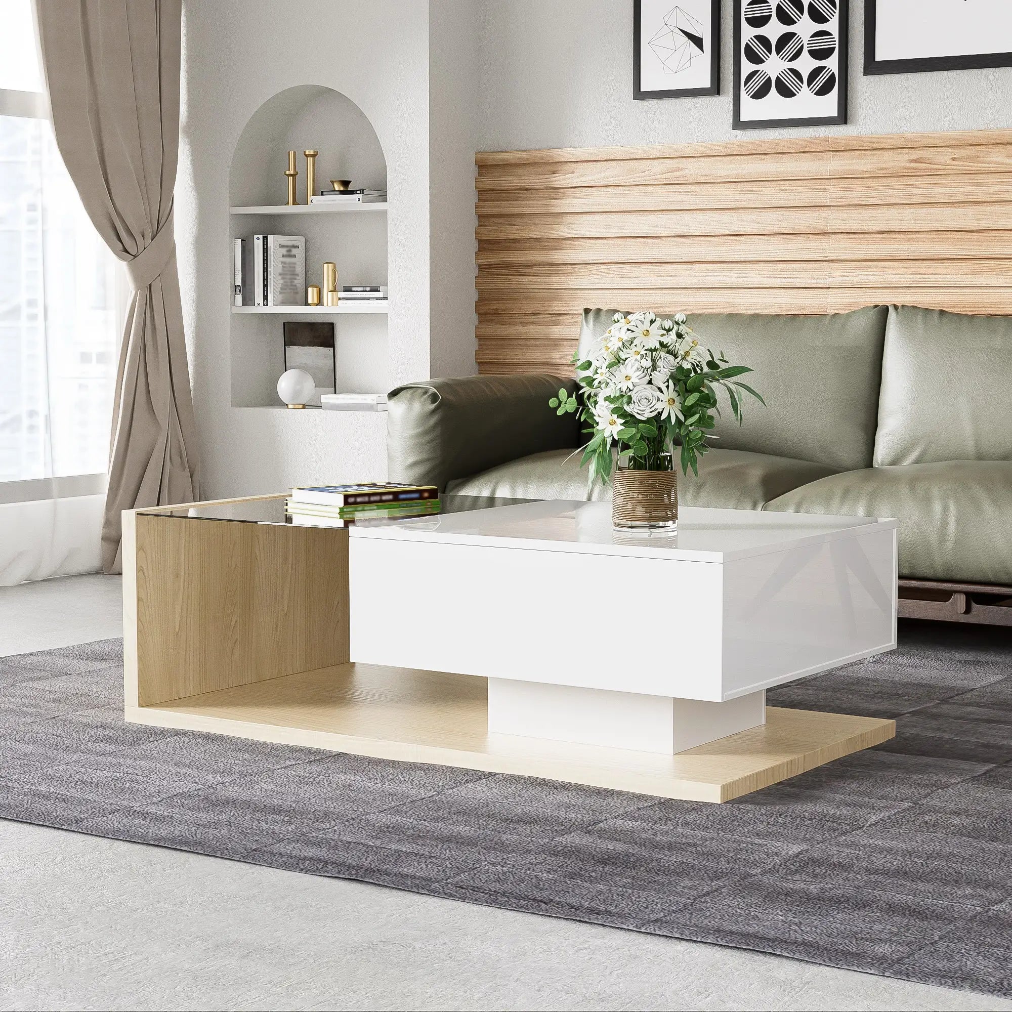 Modern Coffee Table, Glass LED Effect, Storage, 41.5